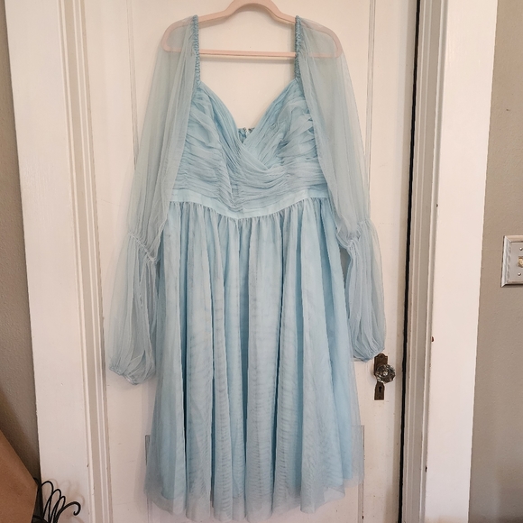 Eloquii Plus Size Puff Sleeve Tulle Romance Midi Dress Stratosphere Baby Blue 16 - Picture 4 of 12